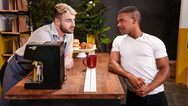 Men.Com - Coffee shop interracial with Adrian Hart and Michael Boston