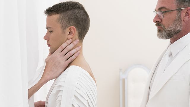 Missionary Boys - Shredded Elder Land gets spit-roasted in a hot gay video