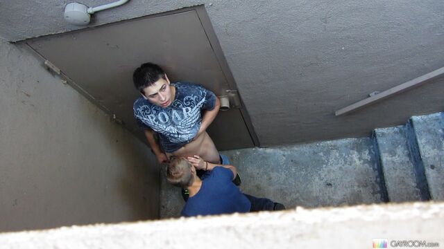 Gay Room - Hidden camera stairwell blowjob with Max Carter
