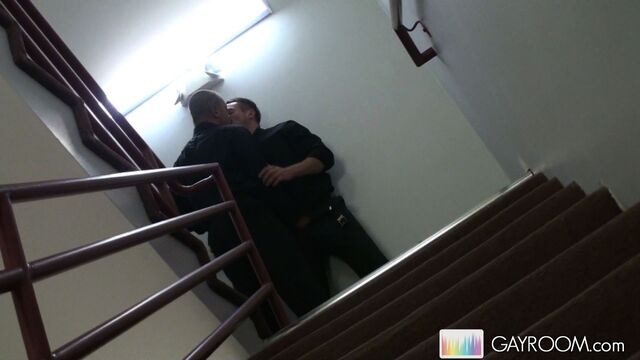 Gay Room - Public stairwell handjob with a hot gay duo making out