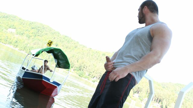 Gay Wire - Muscular bottom rides cock on a wooden pier