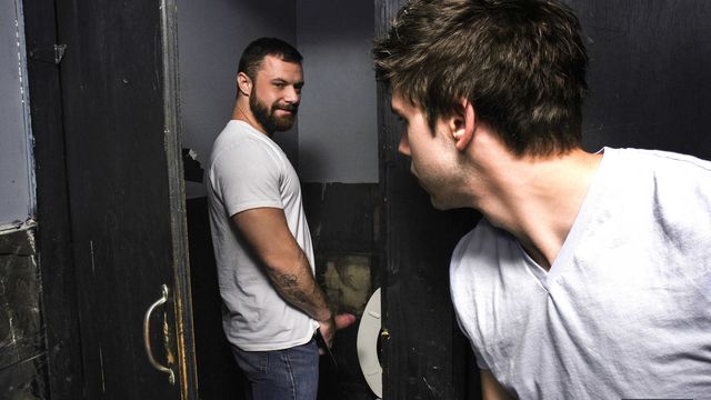 Men.Com - Will Braun rides Sgt Miles's cock in a public restroom